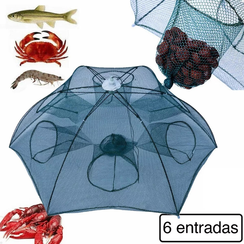 Covo Pesca Rede Armadilha com 6 entradas Retrátil Guarda Chuva Isca Viva Lambari Camarão e Outros