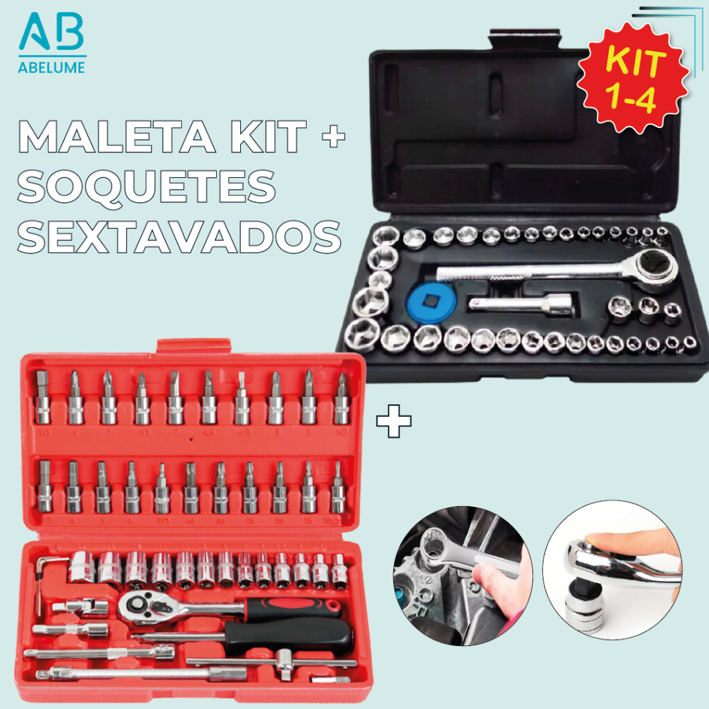 Ferramentas com 46 Peças + Maleta com Jogo de Soquete Reversível Catraca | Conjunto de Chaves