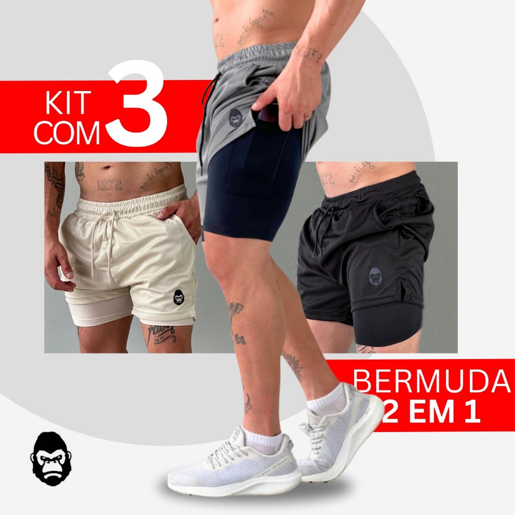 Kit 3 Shorts masculino 2 em 1 KONG