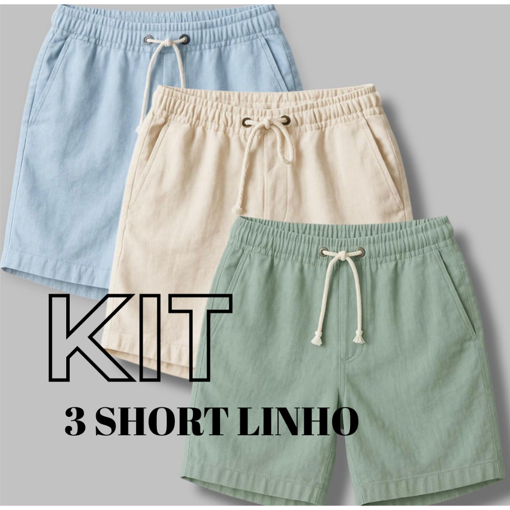Kit 3 Short Linho Masculino Bermuda Mauricinho Qualidade Premium Colorido