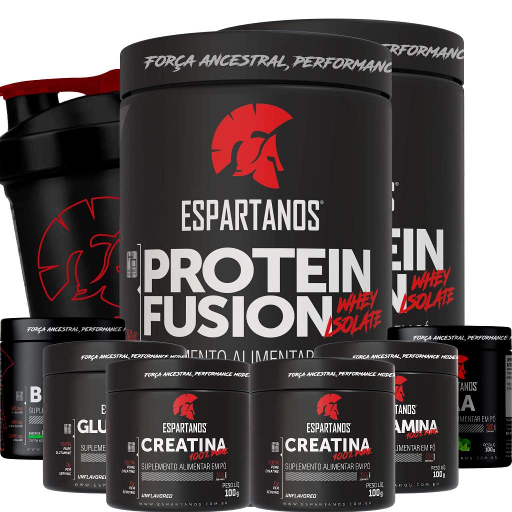 Kit 2x Whey Protein Fusion + 2x Bcaa + 2x Creatina + 2x Glutamina + Coqueteleira - Espartanos