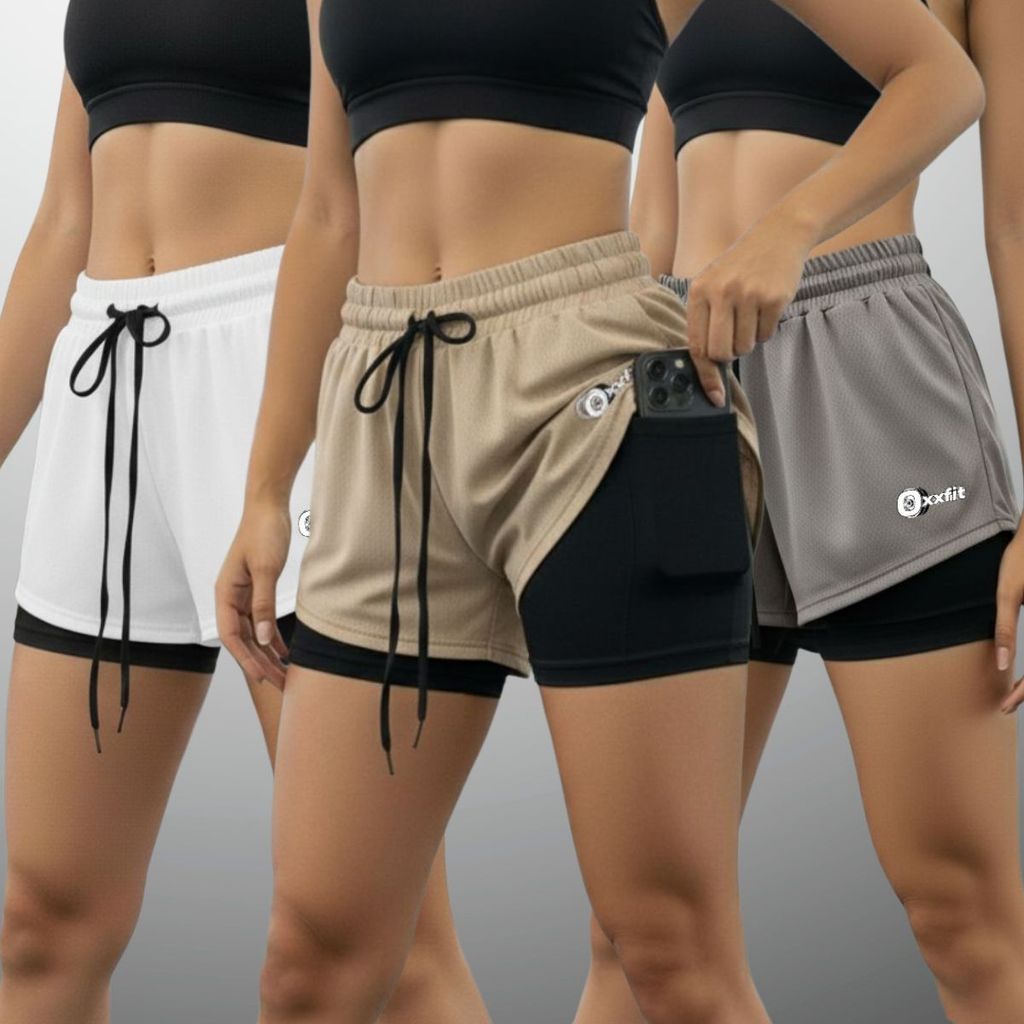 Kit 3 Shorts 2 Em 1 Feminino Dry Fit Fitness Esportivo Forro Compressão Bolso Interno Academia Treino