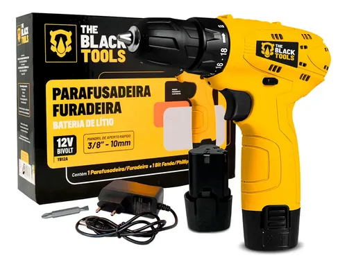 Parafusadeira Furadeira The Black Tools TB12A 3/8 a Bateria Cor Amarelo Frequência 60Hz