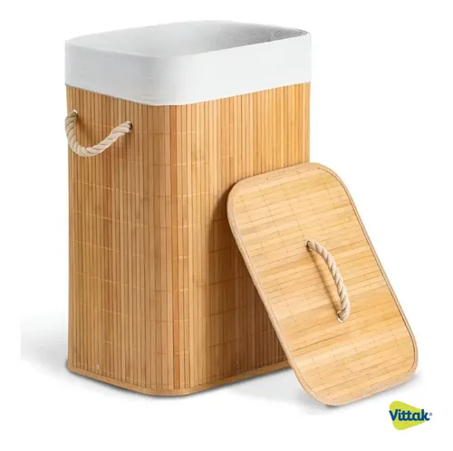 Vittak Cesto De Roupa Bambu 72 Litros Dobrável Retangular Com Tampa E Forro