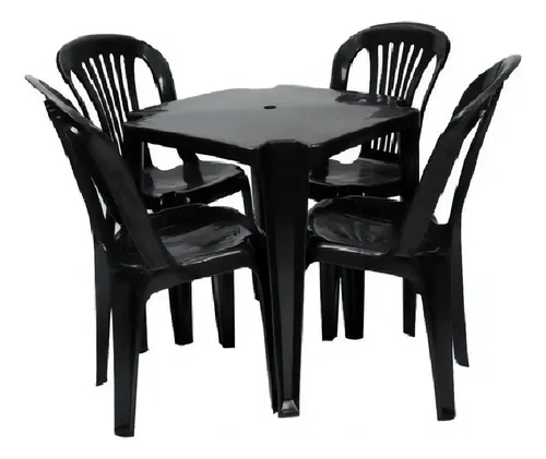 Jr Plasticos Kit Mesa Plástico Quadrada Preta com 4 Cadeiras Bistrô 70cm