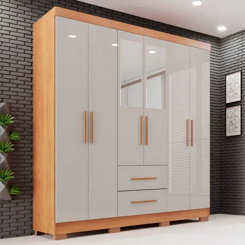 Guarda-roupa Casal com Espelho 6 Portas 2 Gavetas Sallêto Cinamomo/Off White