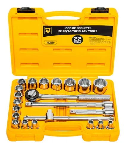 Jogo Kit De Soquetes Ferramentas Manuais Chave Catraca Reversível 1/2 Pol 8 A 32mm Cor Amarelo Bcs022 The Black Tools